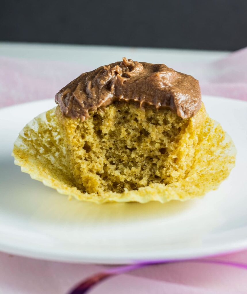 Close up of the interior of a Vegan Whole Wheat Vanilla Cupcake.