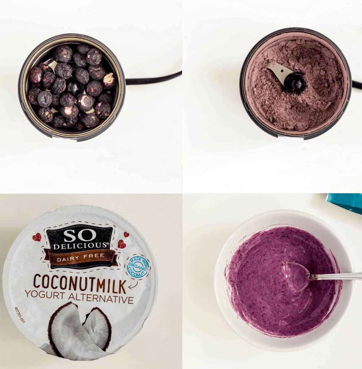 The upper left quadrant has a spice grinder with freeze dried blueberries. The upper right quadrant has the same grinder with the blueberries grinder to a powder. The lower left quadrant has a coconut milk yogurt alternative. The lower right quadrant has a bowl of the yogurt mixed with the powdered blueberries.