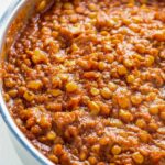 Close up of Lentil Bolognese in a sauté pan.