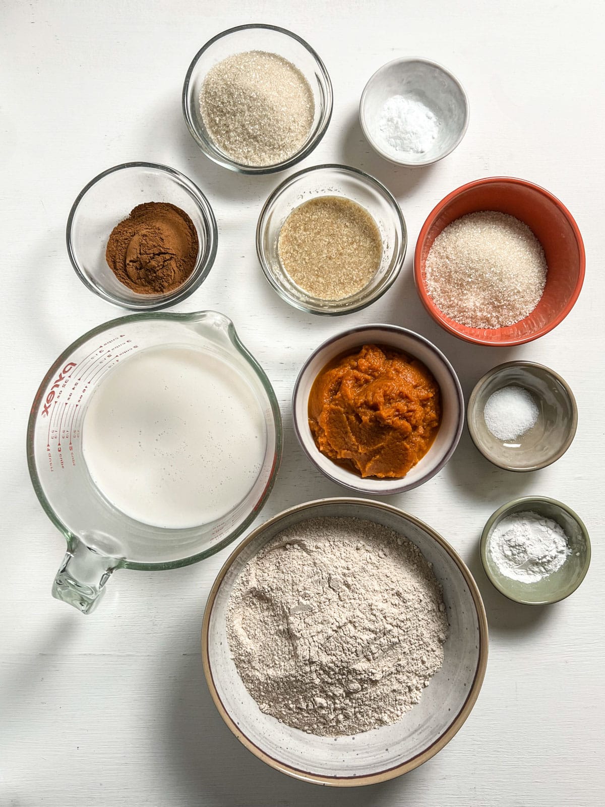 Overhead view of ingredients needed to make Pumpkin Cinnamon Swirl Quick Bread.