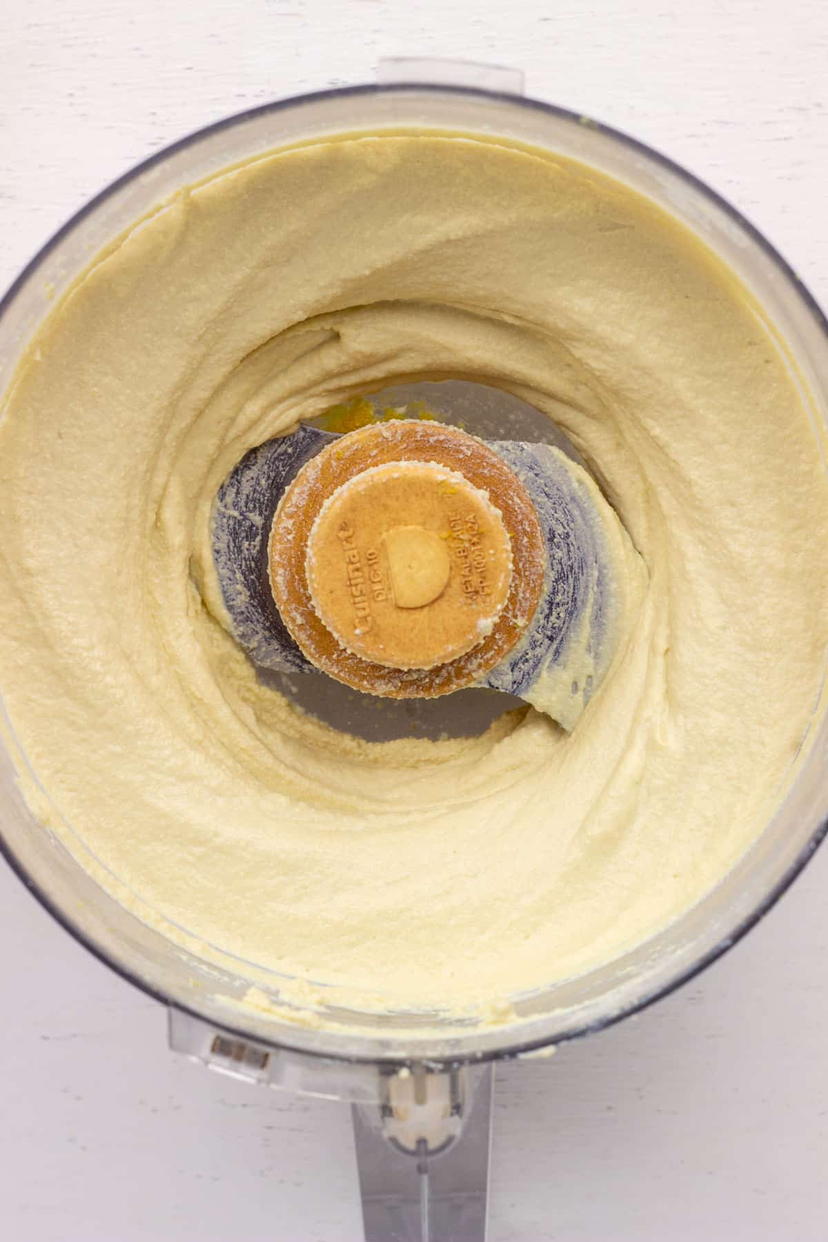 Overhead view of Tofu Cream Cheese in a food processor.
