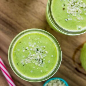 Overhead close up of Kid Friendly Green Smoothie. (Feature Image)