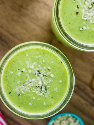 Overhead close up of Kid Friendly Green Smoothie. (Feature Image)