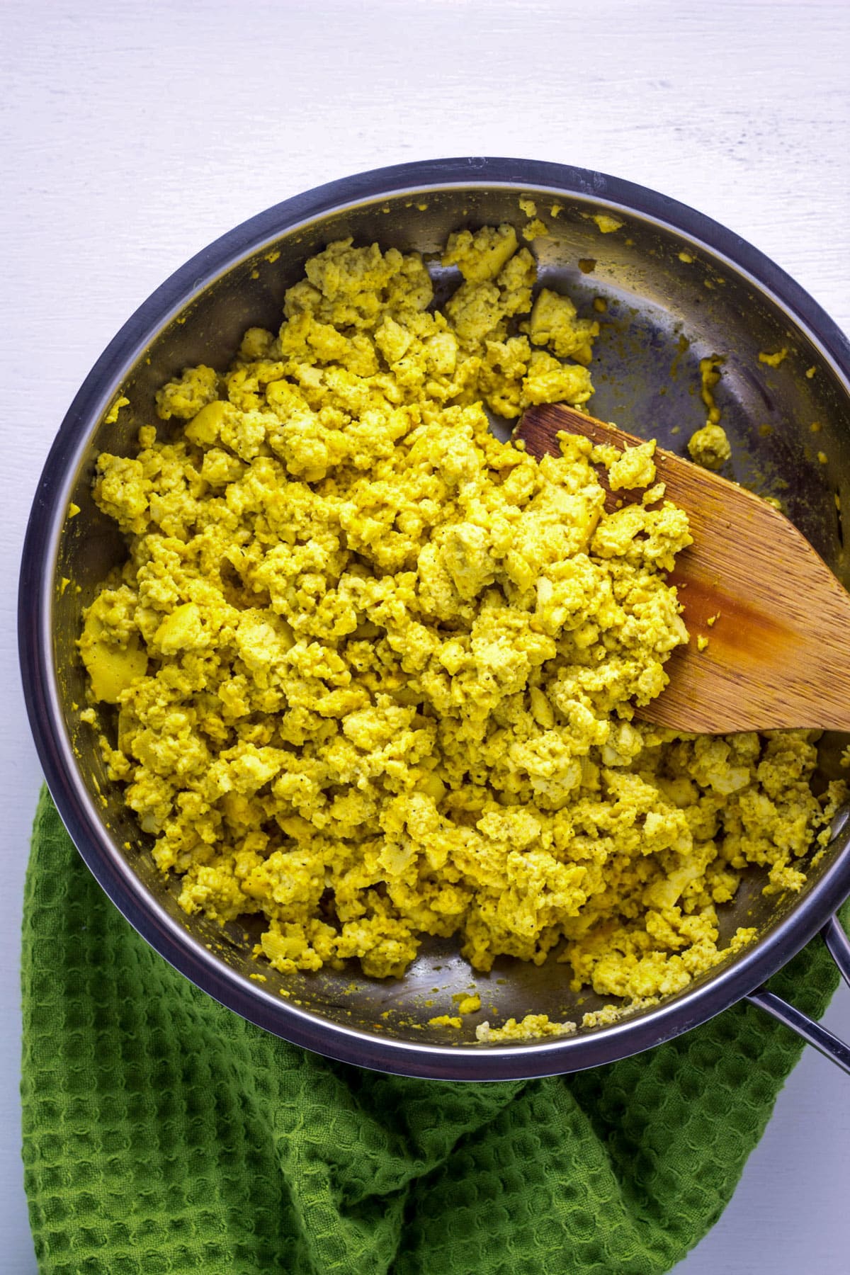 A Basic Tofu Scramble cooling in a skillet.