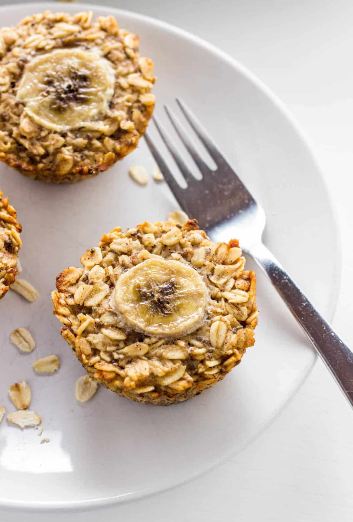 Vegan Banana Bread Baked Oatmeal Cups on a small white plate.