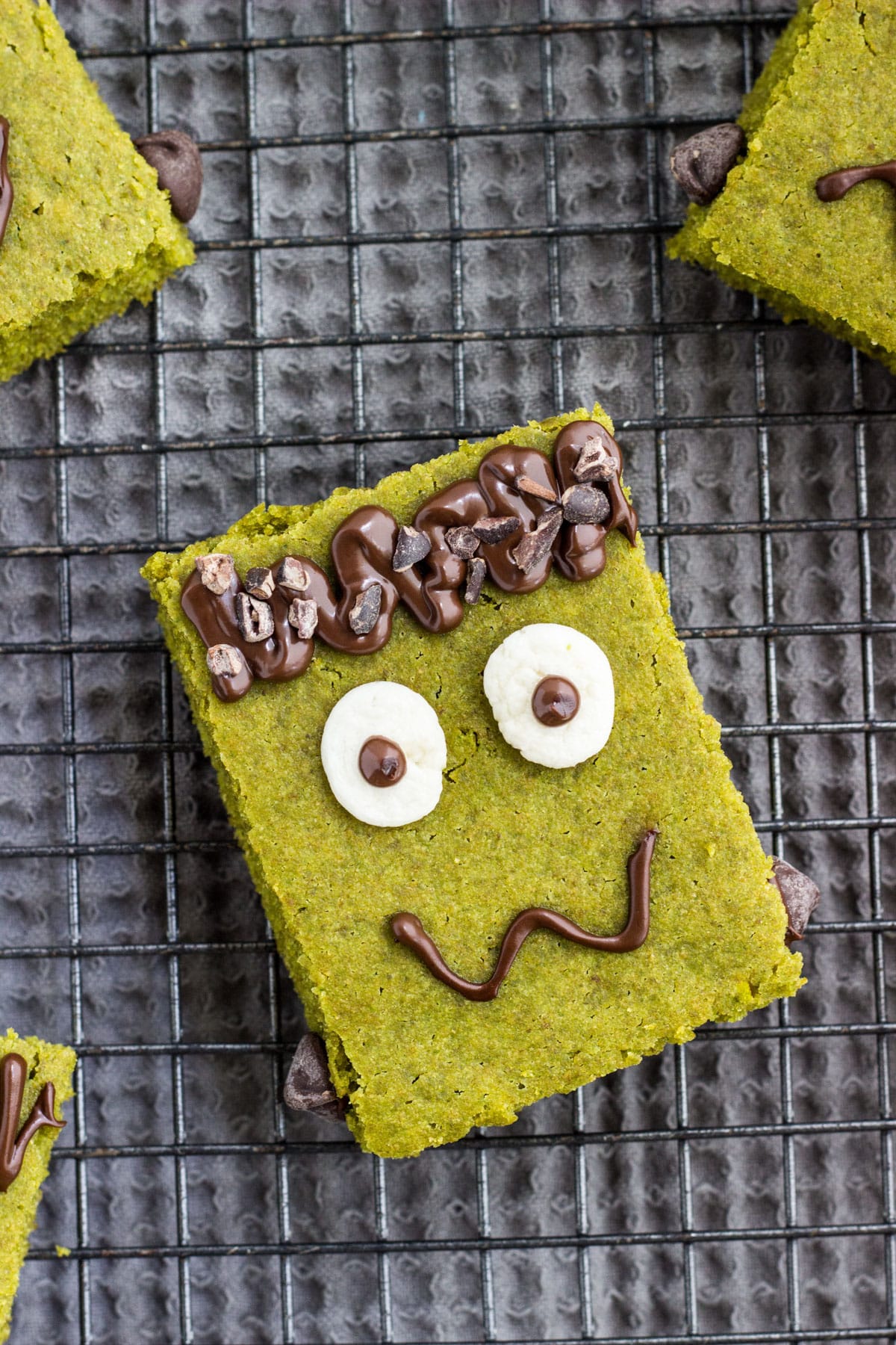 Close up of a Frankenstein Vegan Snack Cake.