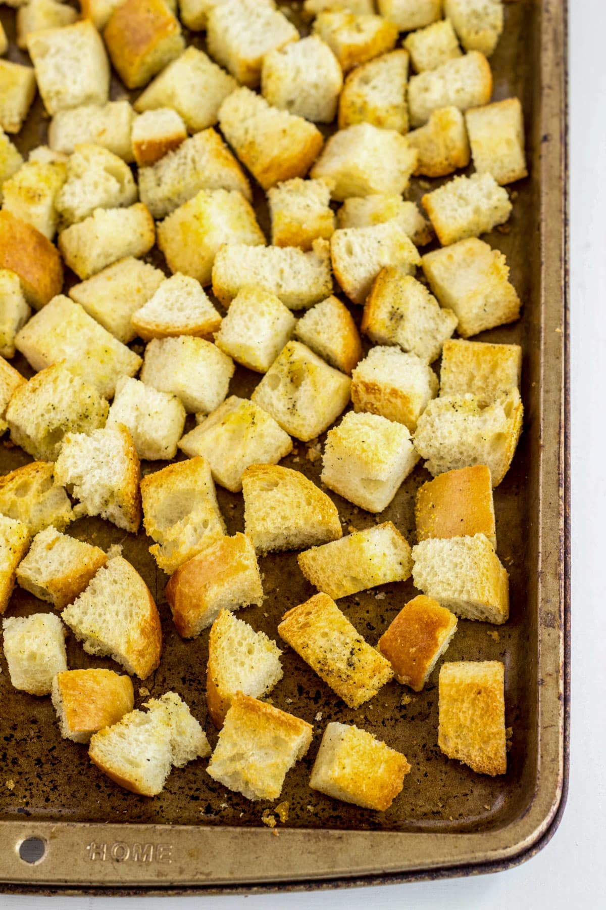 Simple Vegan Croutons on a baking sheet.